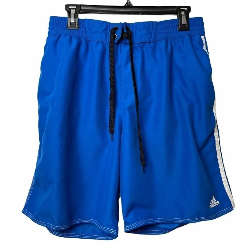 Adidas Solid Royal Blue White Track Stripes Swim Trunks w/ Pockets Drawstring L